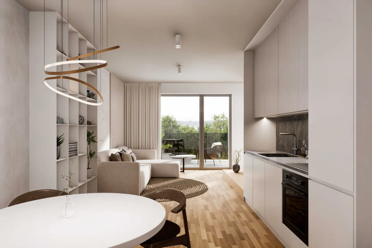 Bright, modern apartment interior with white walls, wood floors, and a balcony view. A white table and chairs are in the foreground.