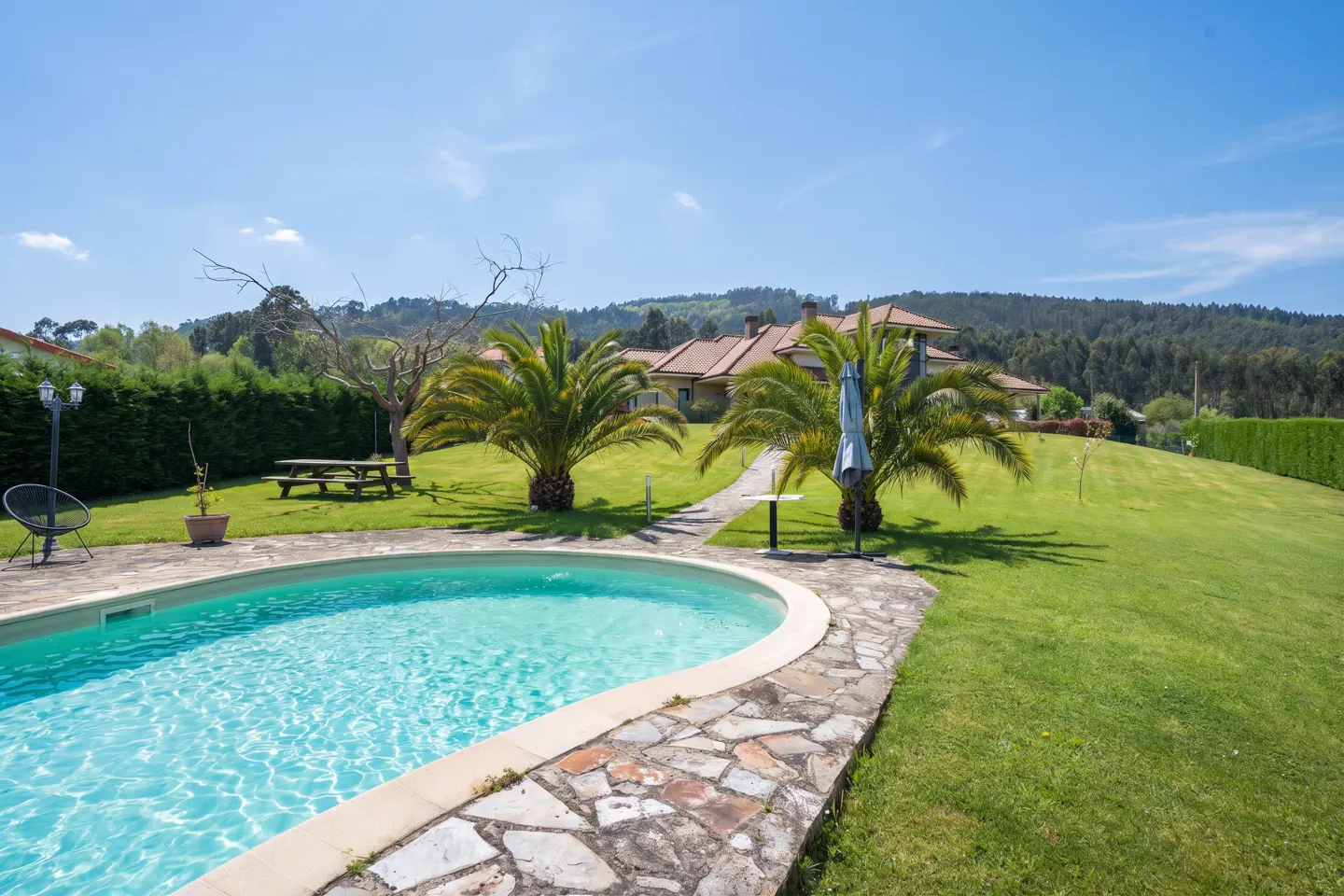 Outdoor pool with turquoise water, stone patio, green lawn, palm trees, and a house in the background under a blue sky.