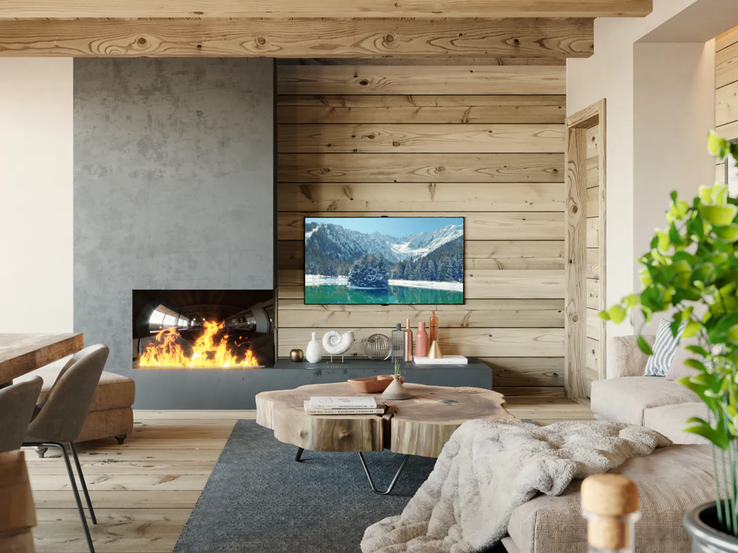 Living room with wood walls, a gray fireplace with flames, and a TV showing a mountain scene. A wood coffee table sits on a gray rug.