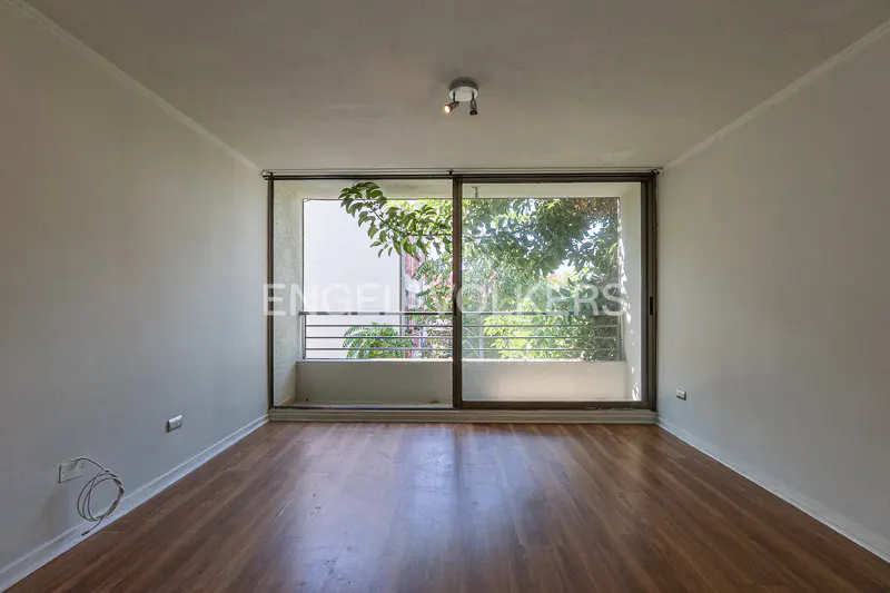 Empty room with wood floors, white walls, and a sliding glass door to a balcony with trees.
