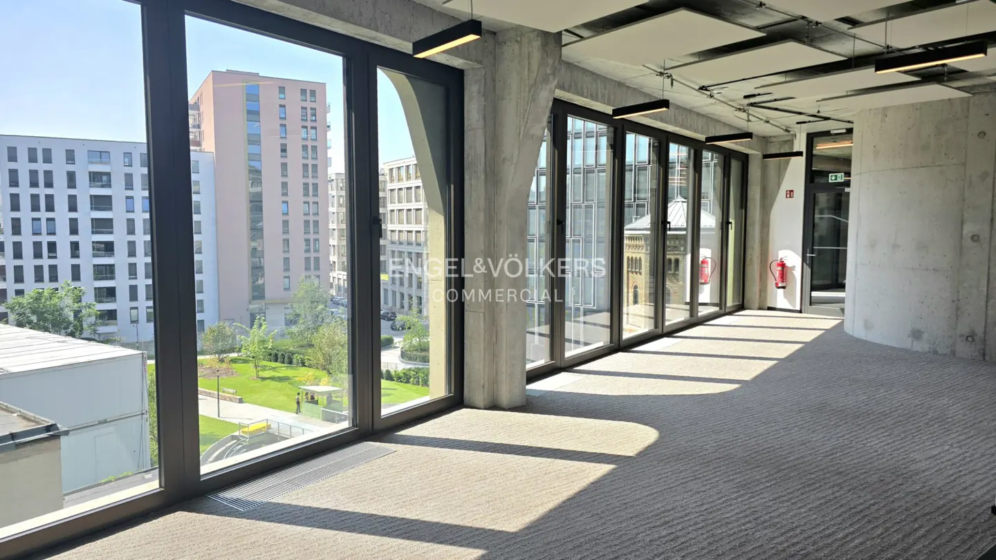 Modern office hallway with floor-to-ceiling windows, concrete pillars, carpeted floors, and views of city buildings.