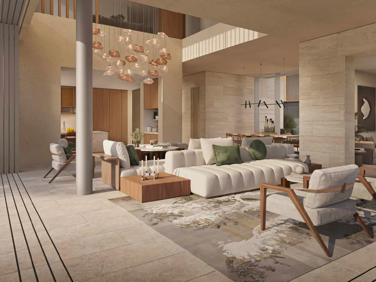 A bright, modern living room with white sofas, wood accents, and a unique chandelier. The space is open and airy, with a neutral color palette.