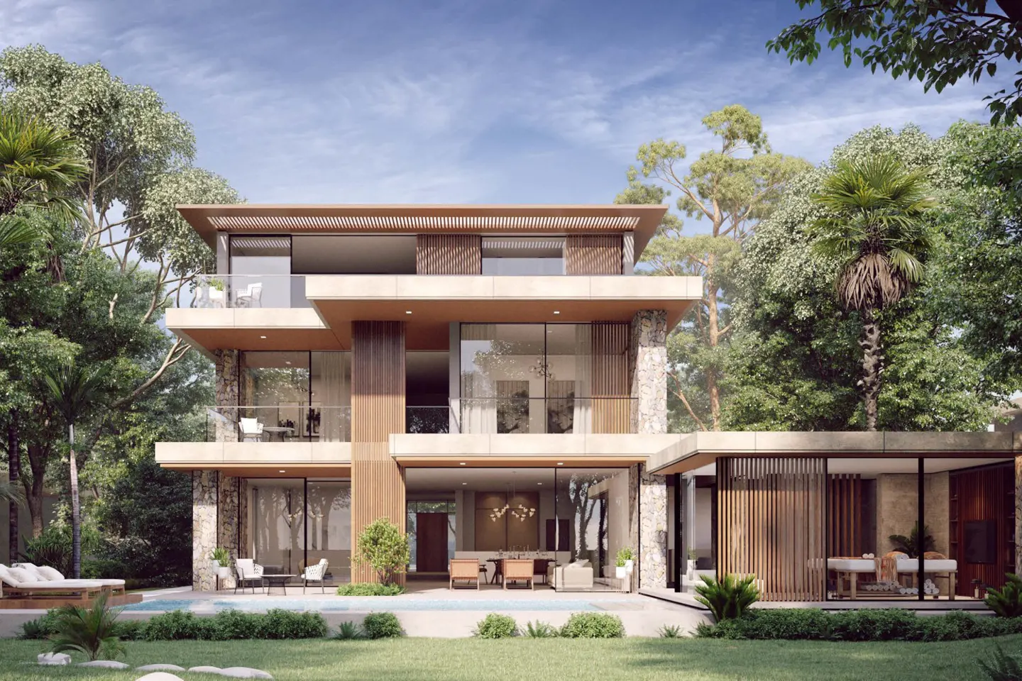 Modern three-story luxury villa with stone accents, wood paneling, floor-to-ceiling glass, and a pool in a lush garden.