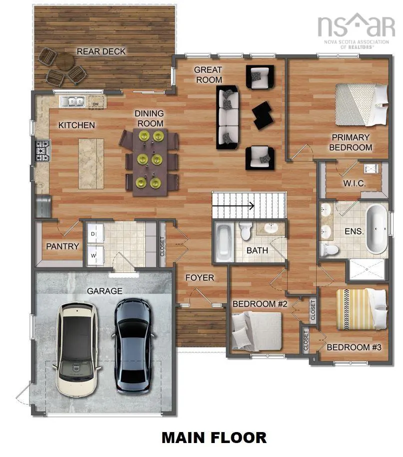 Main floor plan with garage, kitchen, dining room, great room, three bedrooms, two bathrooms, and a rear deck.