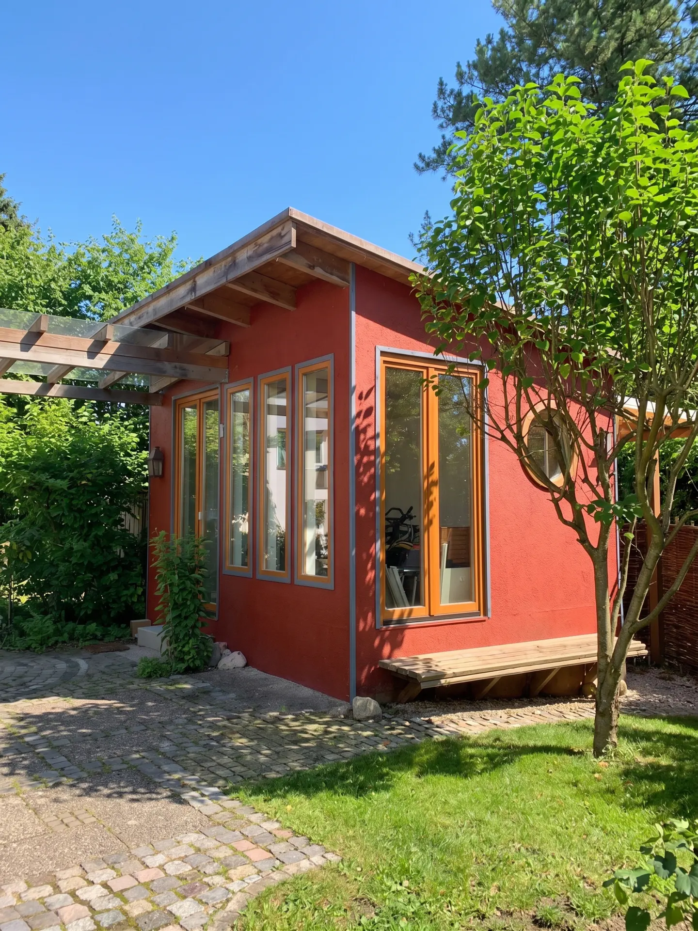 Red house with wooden trim, large windows, and a small round window, surrounded by green trees and grass.