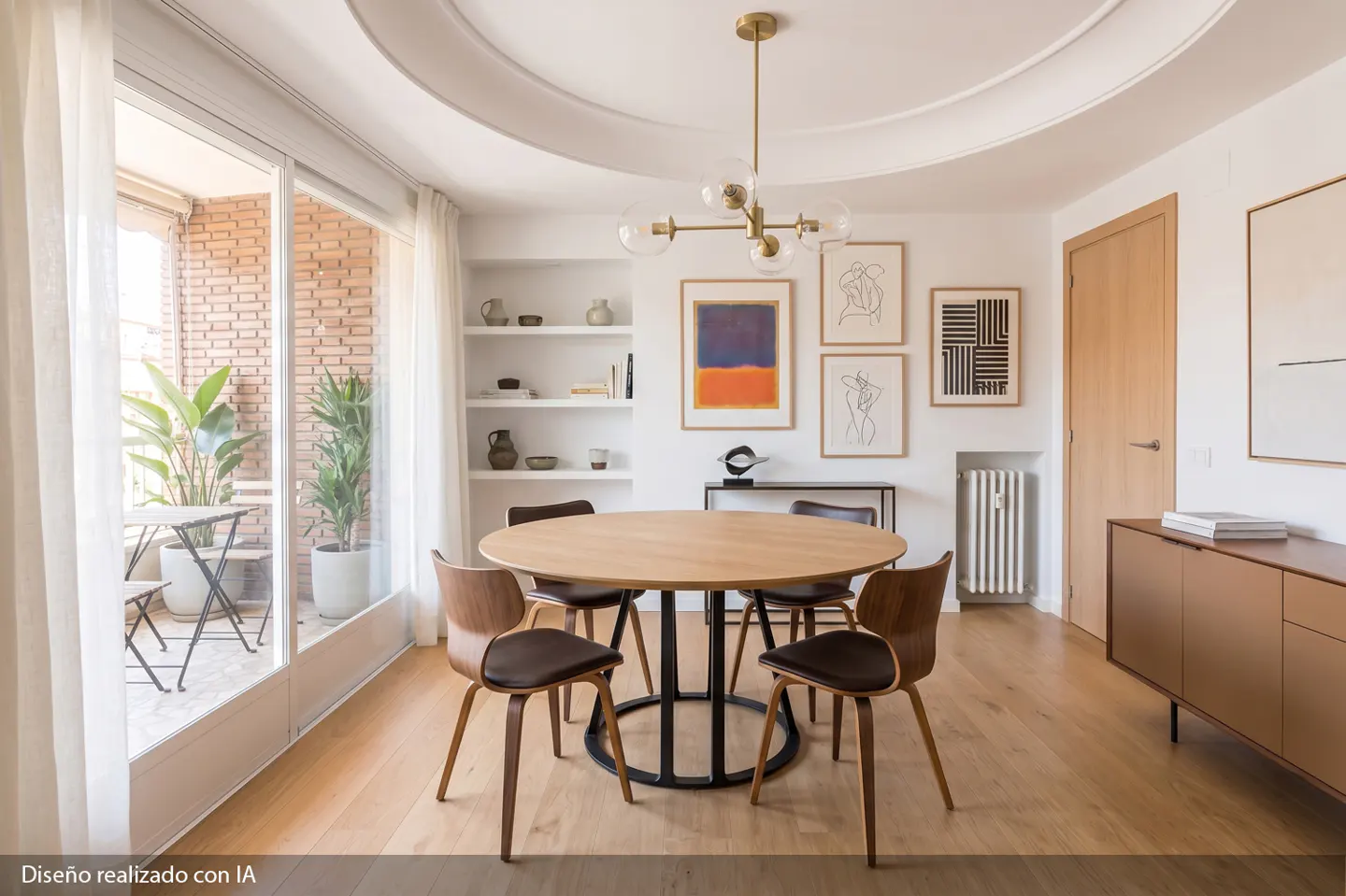 Bright dining room with a round wooden table, four chairs, and a modern chandelier. Artwork adorns the walls, and a balcony is visible through sheer curtains.