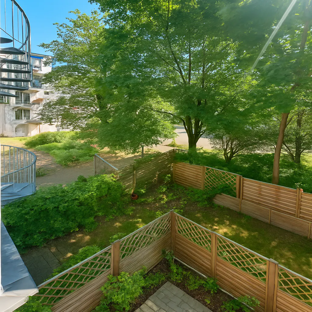 View of a fenced-in yard with green trees, grass, and a spiral staircase on a sunny day.