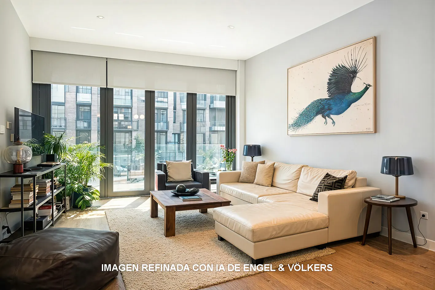 Living room with a beige sectional sofa, wood coffee table, and a peacock painting on the wall. Large windows offer a city view.