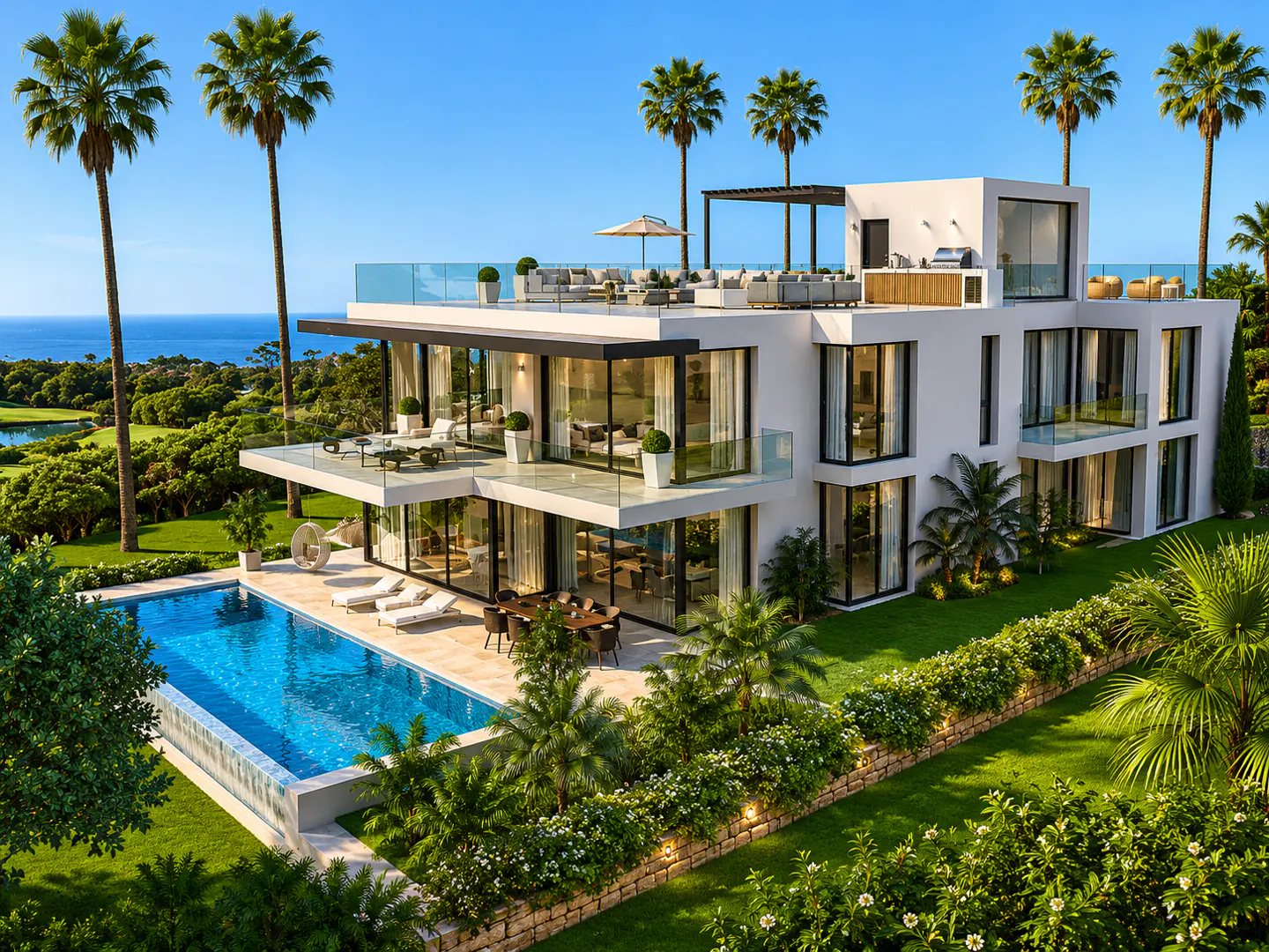 Modern white villa with a pool, palm trees, and ocean view. Outdoor furniture is visible on the rooftop and balconies.