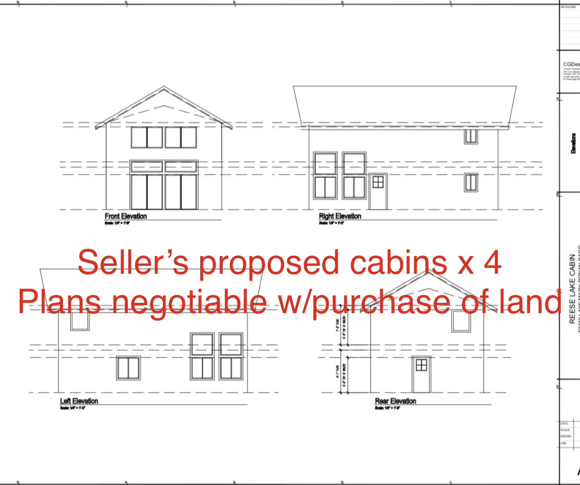 Architectural drawing showing front, right, left, and rear elevations of a proposed two-story cabin with multiple windows and a door.