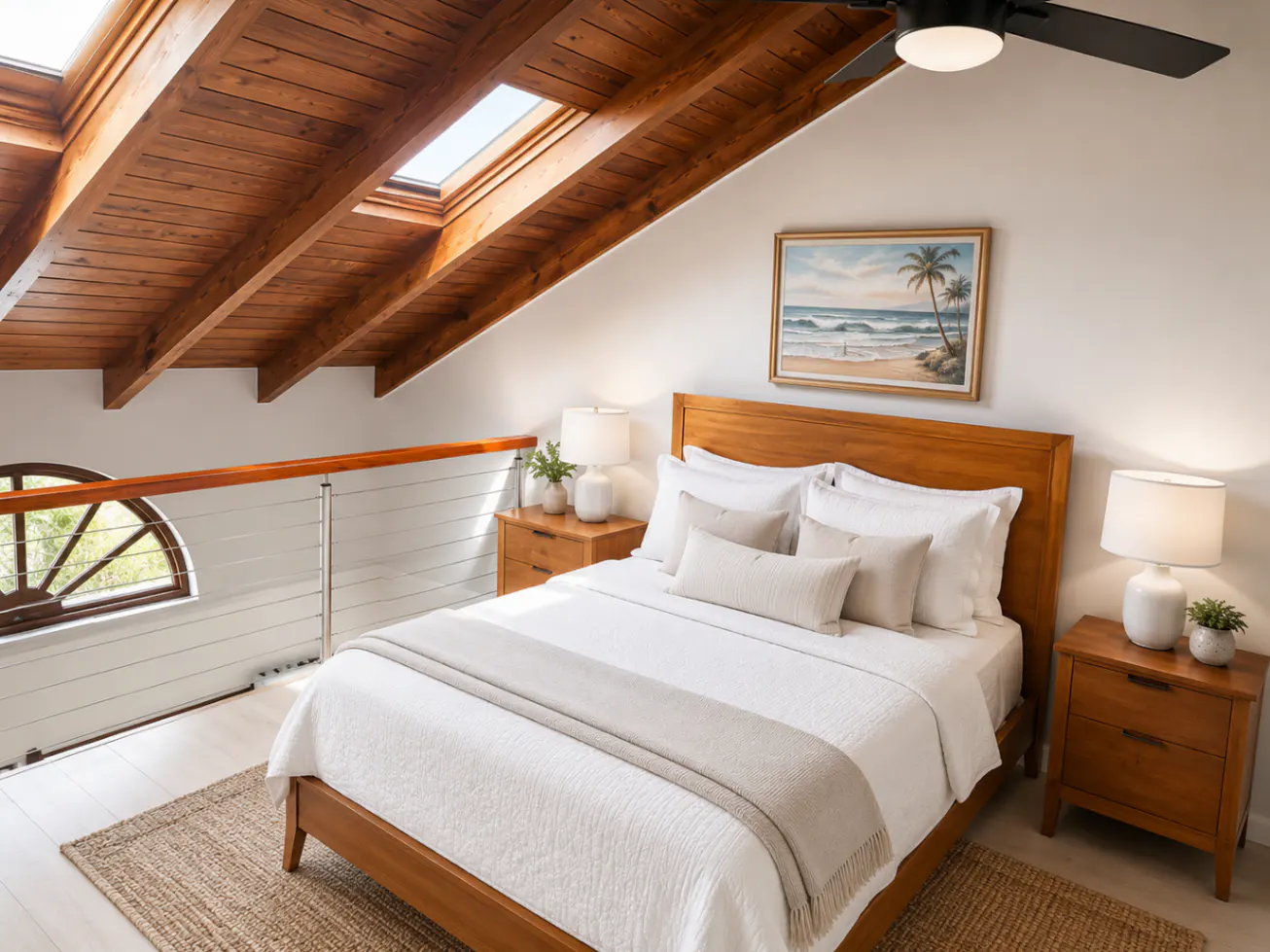 Bedroom with wood ceiling, skylights, and a queen-sized bed with white linens. Nightstands with lamps flank the bed. A beach painting hangs above the bed.