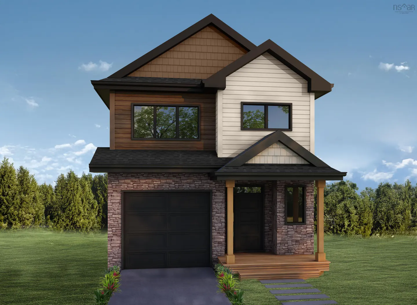 Two-story house with stone, wood, and siding. Black garage door and roof. Wood porch with stone walkway. Green lawn and trees. Blue sky.