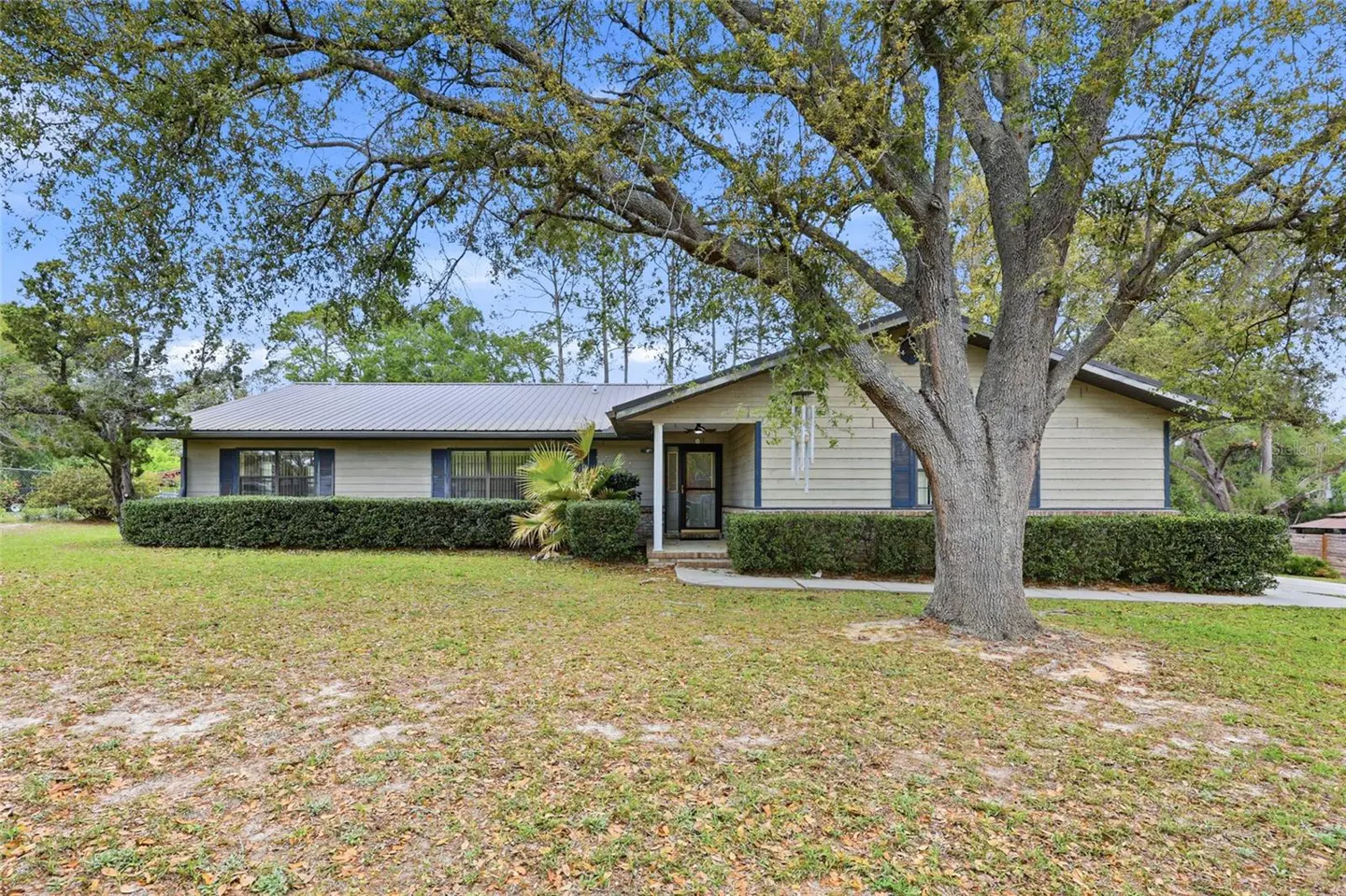 A single-story beige house with a metal roof, blue shutters, and a large tree in the front yard.