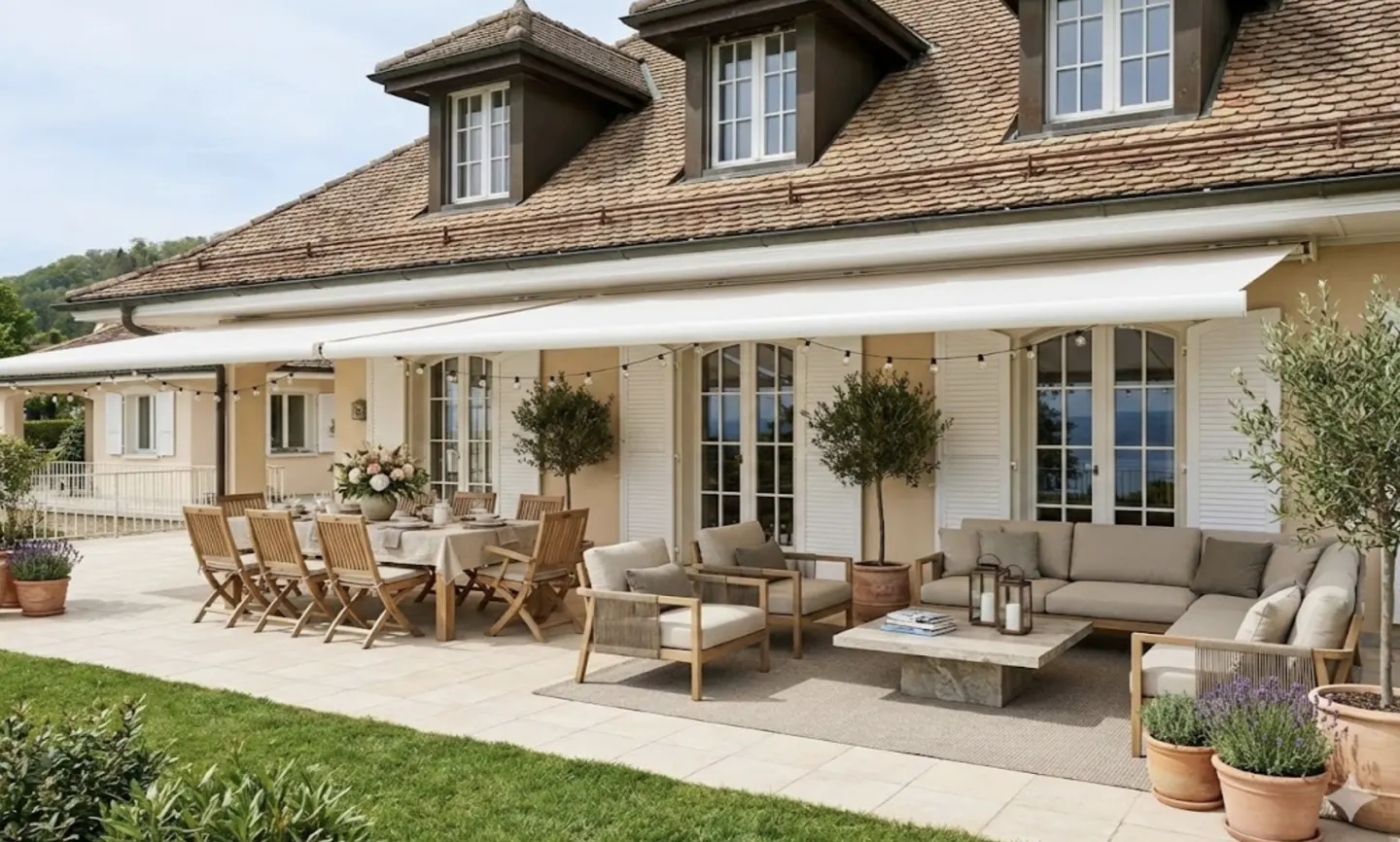 Outdoor patio with dining table, chairs, sofa, and armchairs. Beige house with white shutters and awning. String lights overhead.