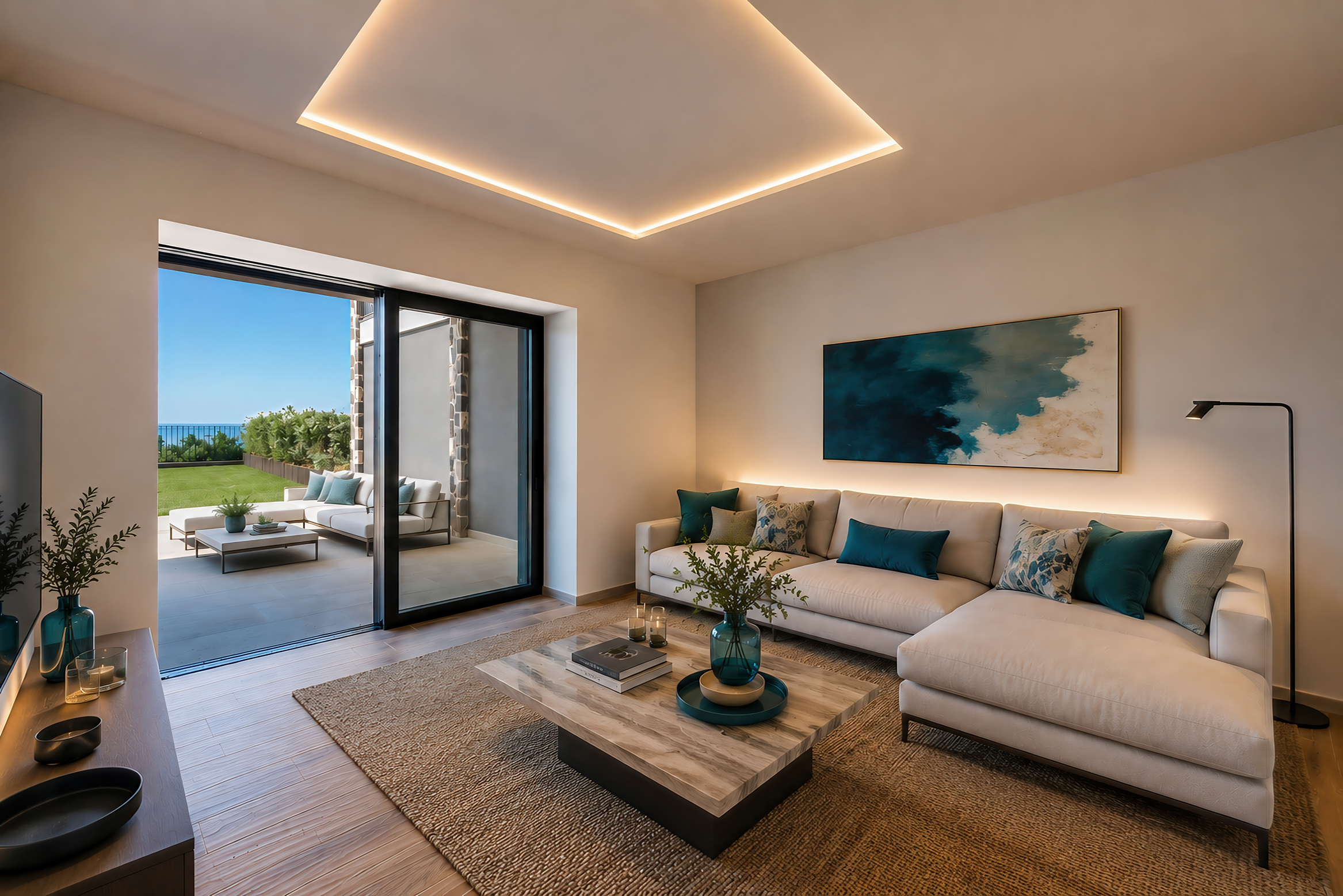 Modern living room with a beige sectional, abstract blue art, and sliding doors opening to a patio with a sea view.