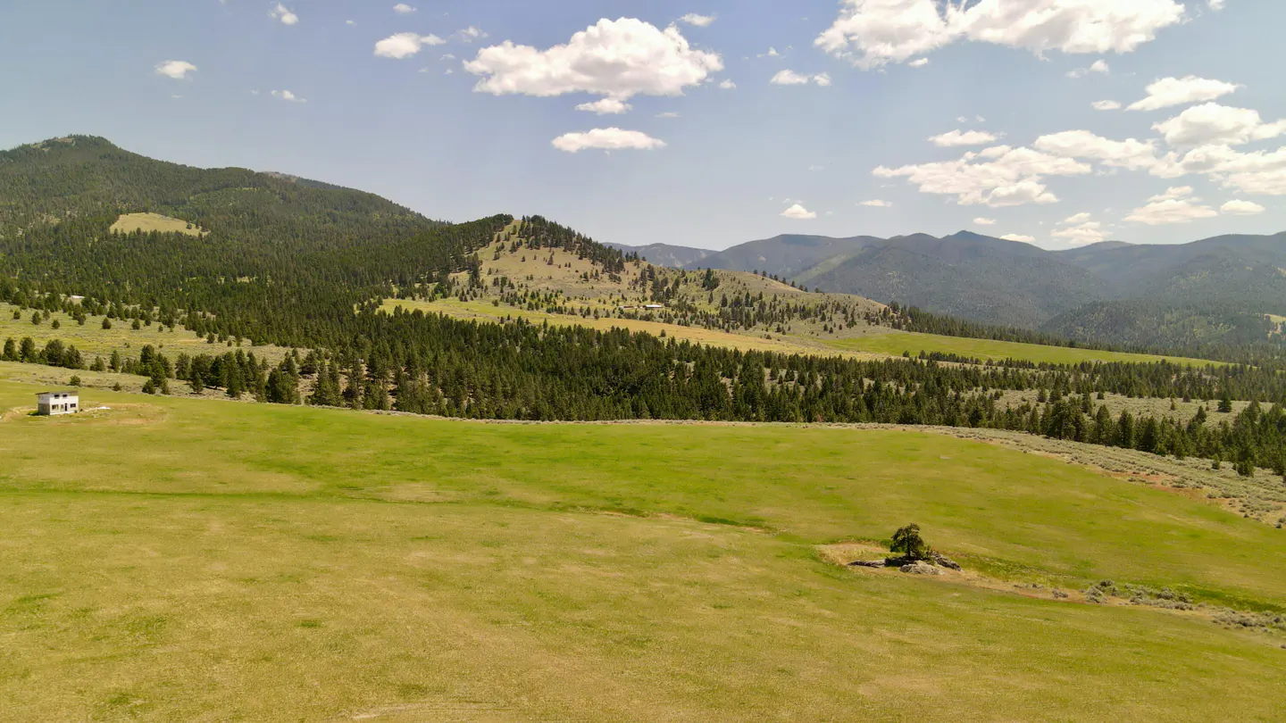 Scenic view of a green meadow with mountains, trees, and a small white house under a blue sky with white clouds.