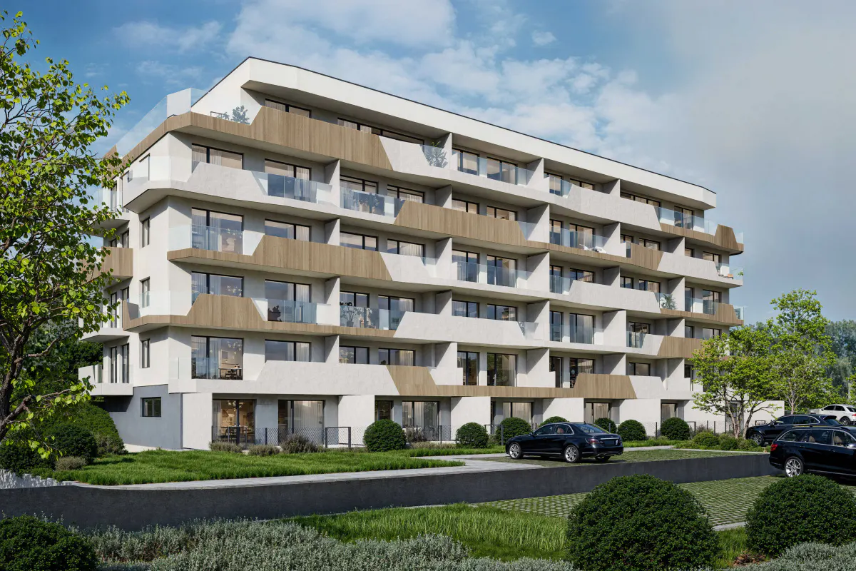 Exterior view of a modern, multi-story apartment building with white facade, wood accents, glass balconies, and cars parked in front.