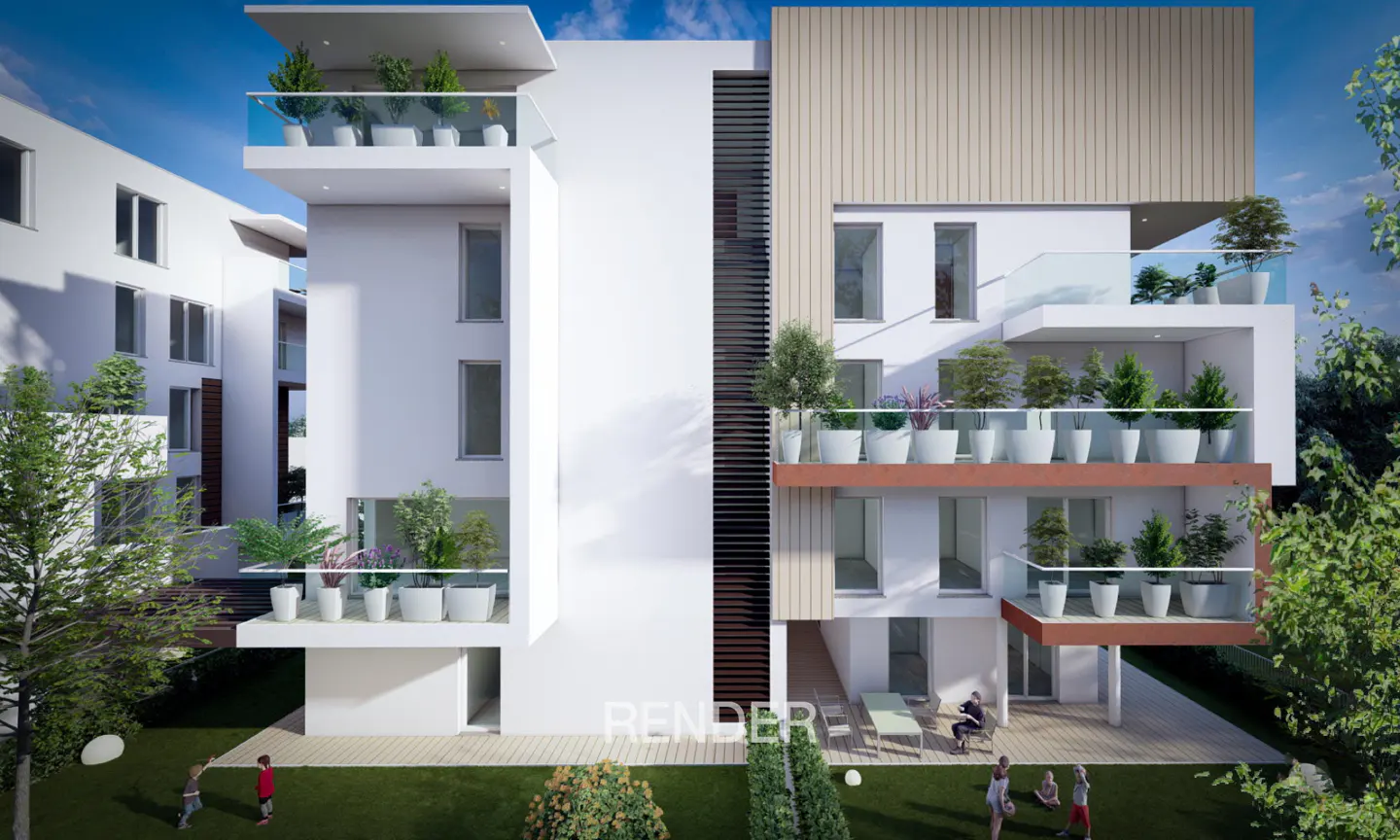 Modern white apartment building with tiered balconies, potted plants, wood accents, and people on a grassy lawn.