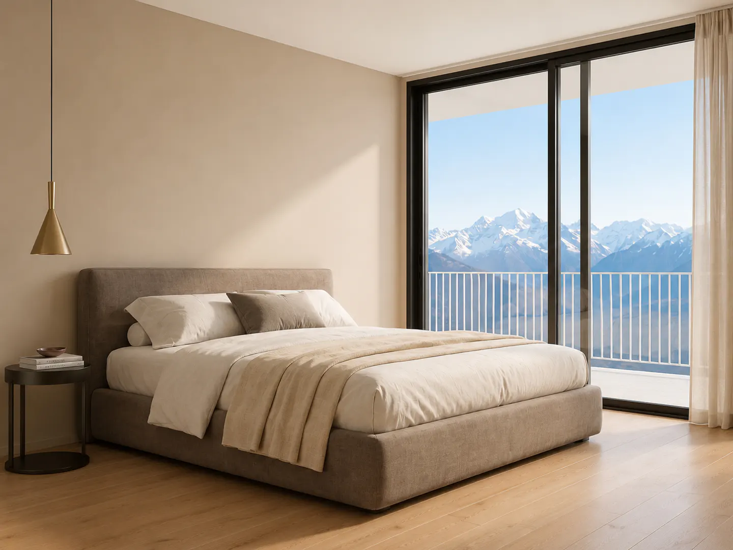 Modern bedroom with a beige upholstered bed, gold pendant light, and sliding glass doors overlooking snowy mountains.