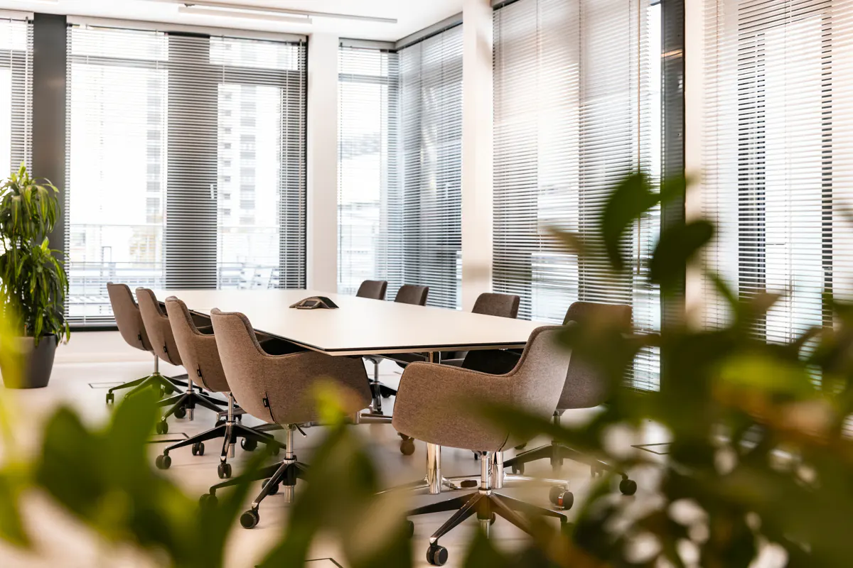 Bright conference room with a white table, gray chairs, and large windows with blinds. A green plant is in the foreground.