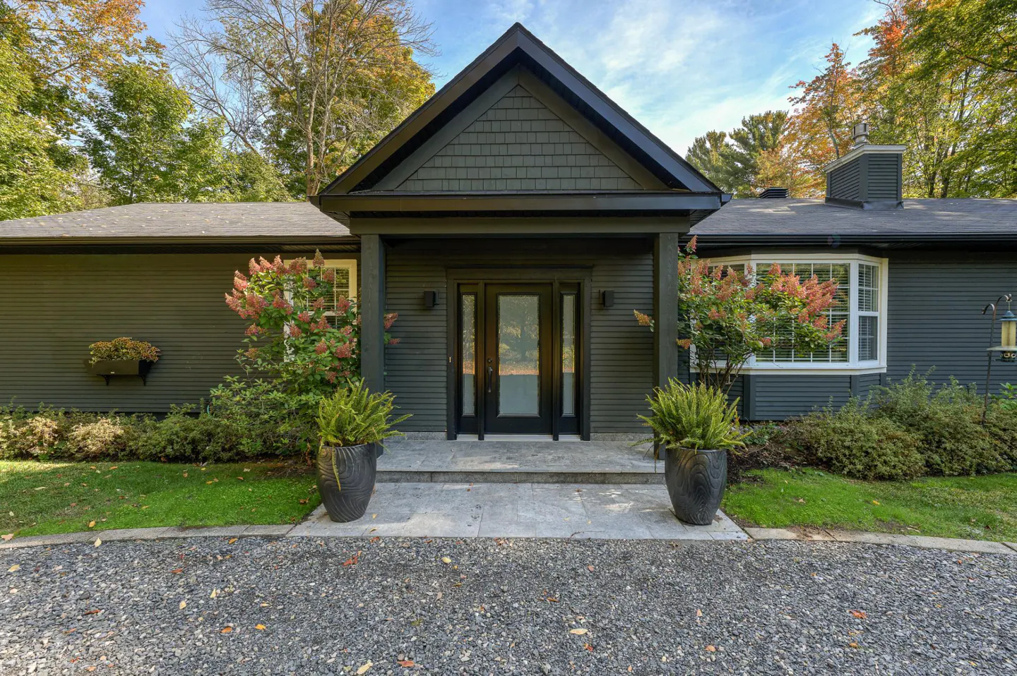 Exterior of a dark green house with a black framed glass door and stone walkway. Two large potted plants flank the entrance.