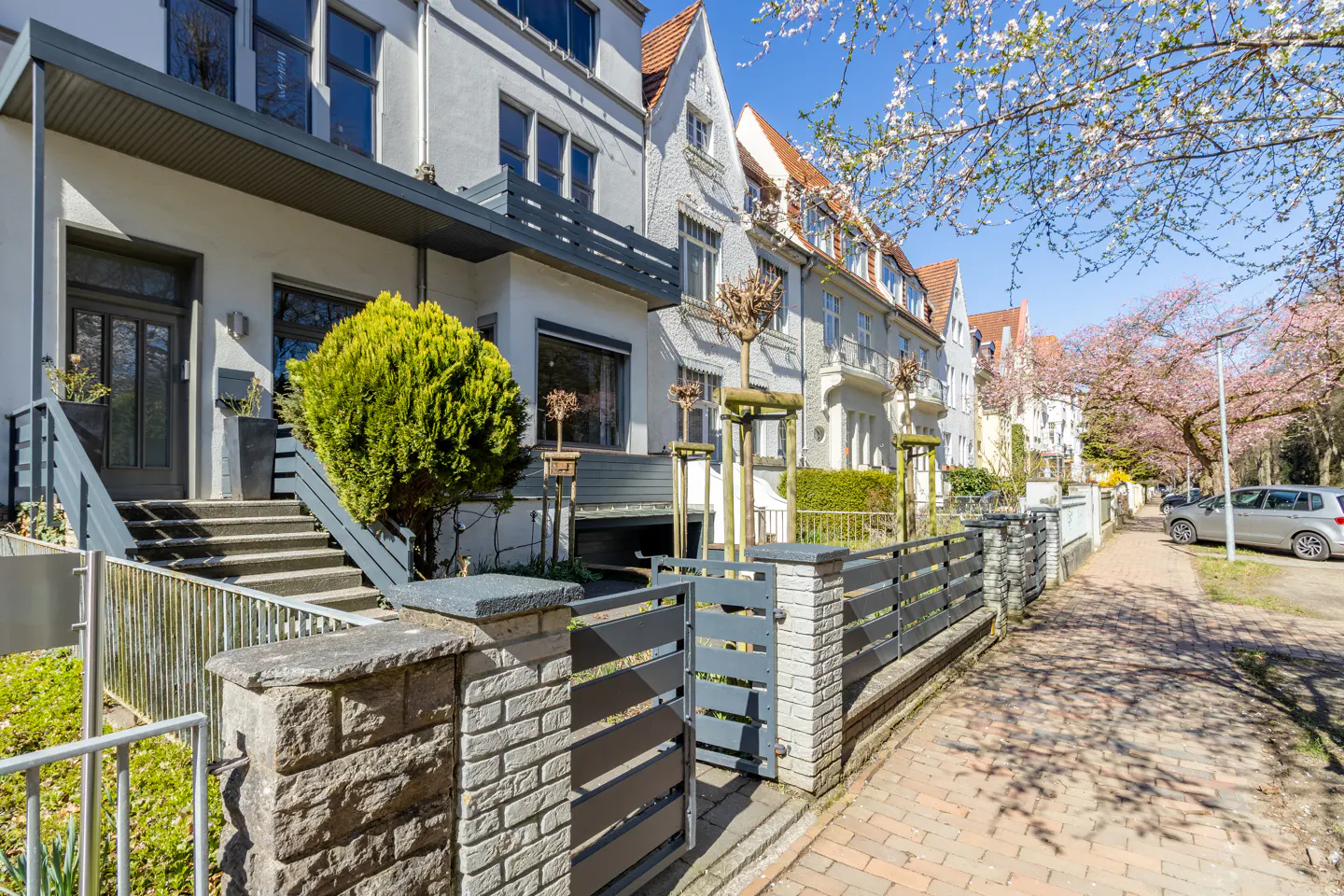 Street view of white townhouses with gray fences and blooming cherry trees on a sunny day.