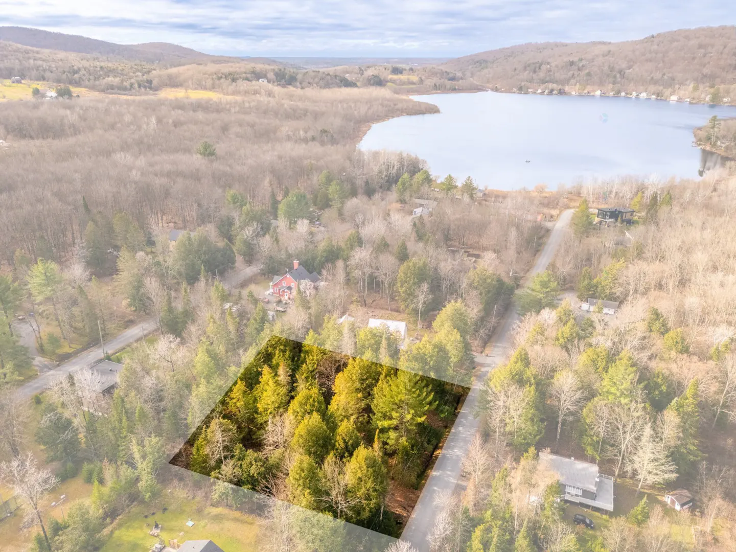 Aerial view of a wooded lot outlined in black, near a lake and mountains.