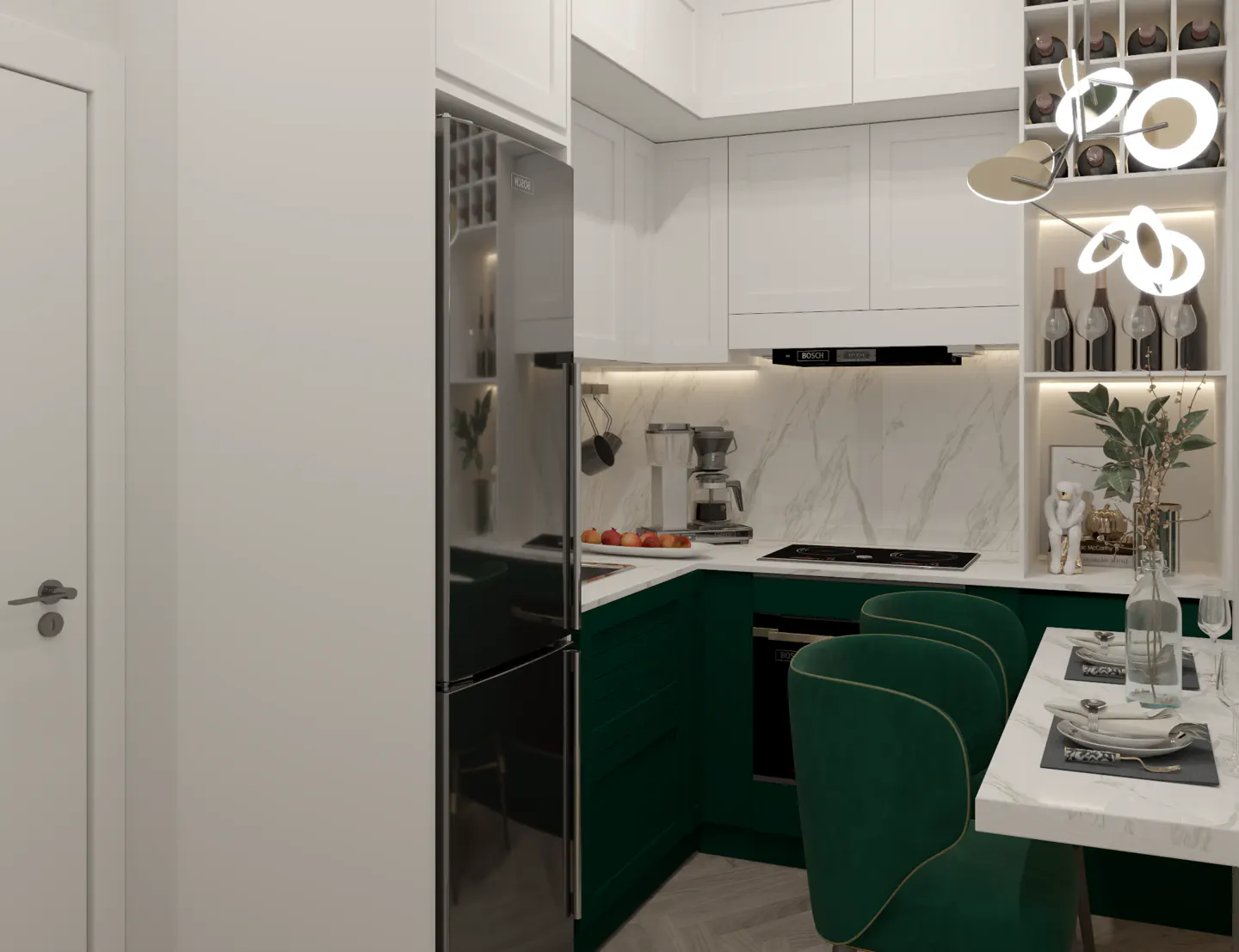 A modern kitchen with white cabinets, green lower cabinets, a stainless steel refrigerator, and a marble countertop table with green chairs.