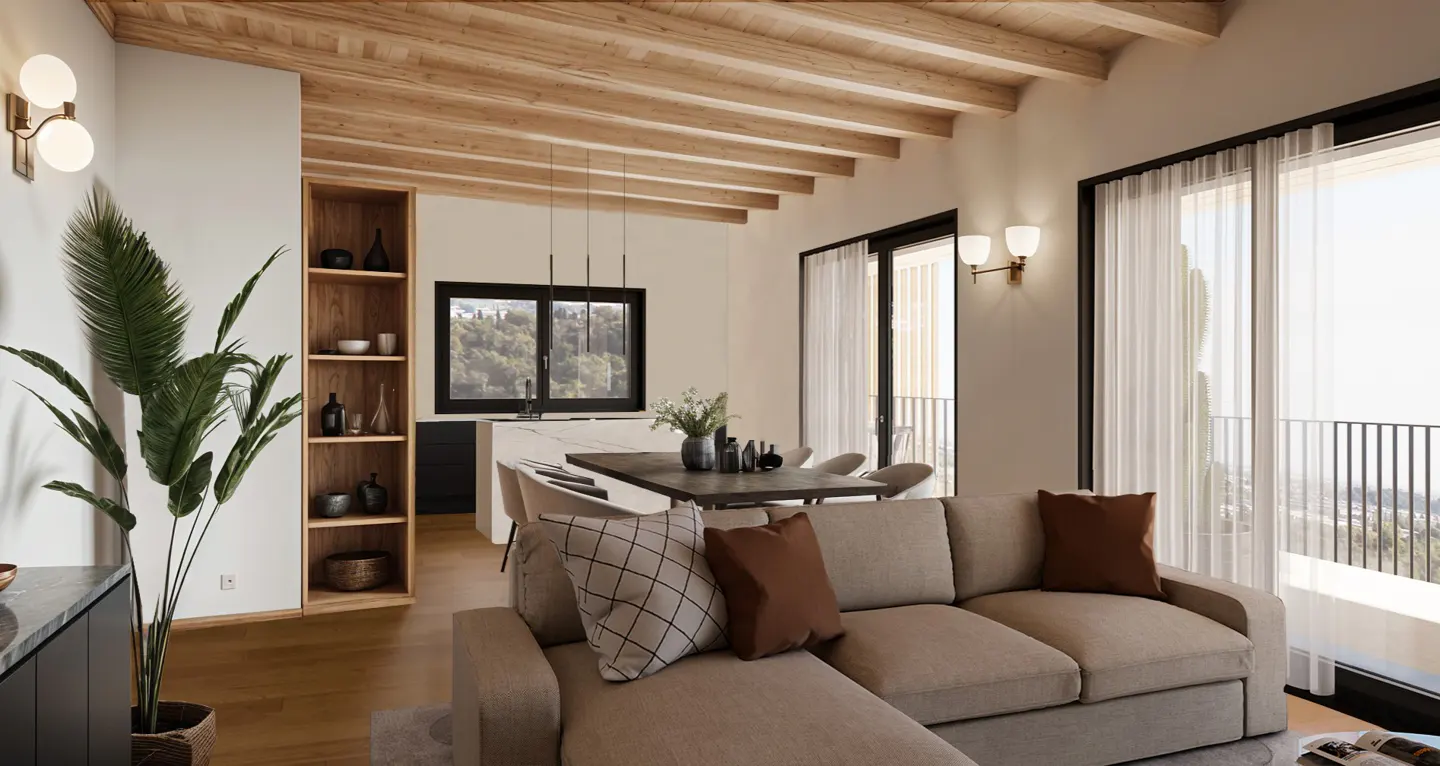 Living room with a beige sectional sofa, dining table, and open kitchen. Large windows offer a bright view. Wooden ceiling beams add warmth.