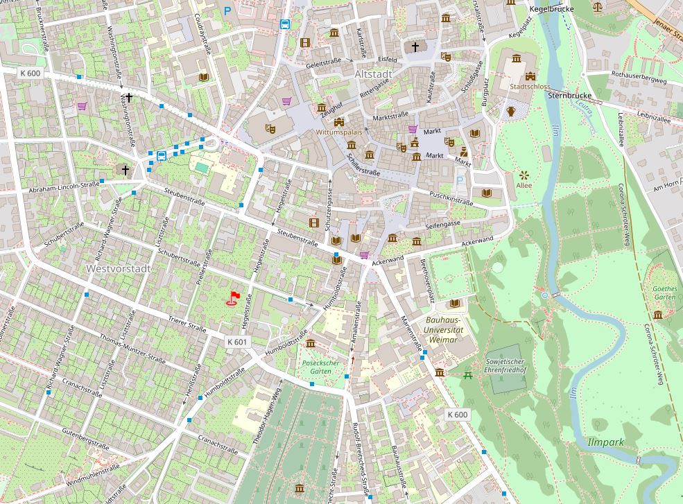 Map of Weimar, Germany, showing streets, parks, and landmarks. A red flag marks a location in the Westvorstadt neighborhood.