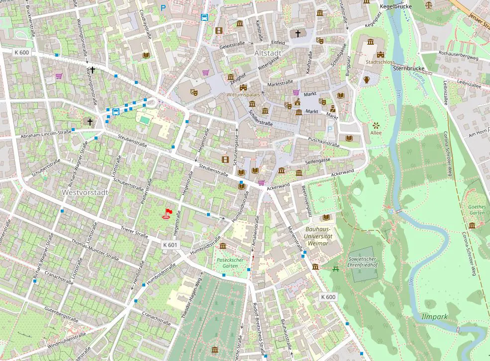 Map of Weimar, Germany, showing streets, parks, and landmarks. A red flag marks a location in the Westvorstadt neighborhood.
