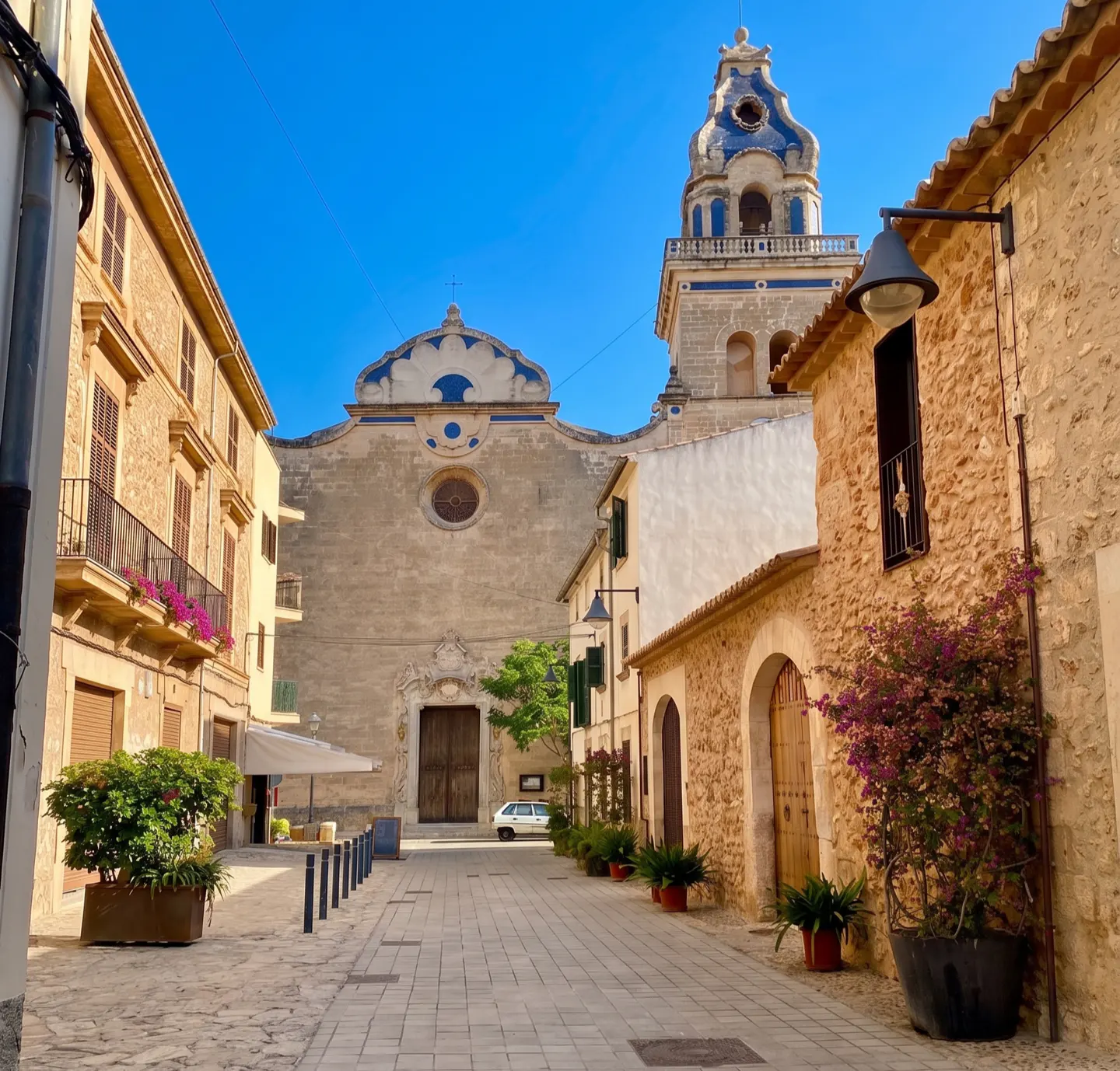 Cobblestone street view of a church with a blue-tiled tower in Mallorca, Spain. Buildings are stone with terracotta roofs.