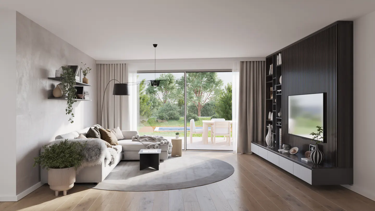 A bright living room with a gray sectional sofa, a dark wood entertainment center, and a view of a backyard with a pool.