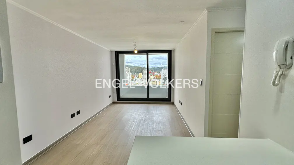 Empty room with light wood floors, white walls, and a sliding glass door with a city view. A white telephone hangs on the wall.