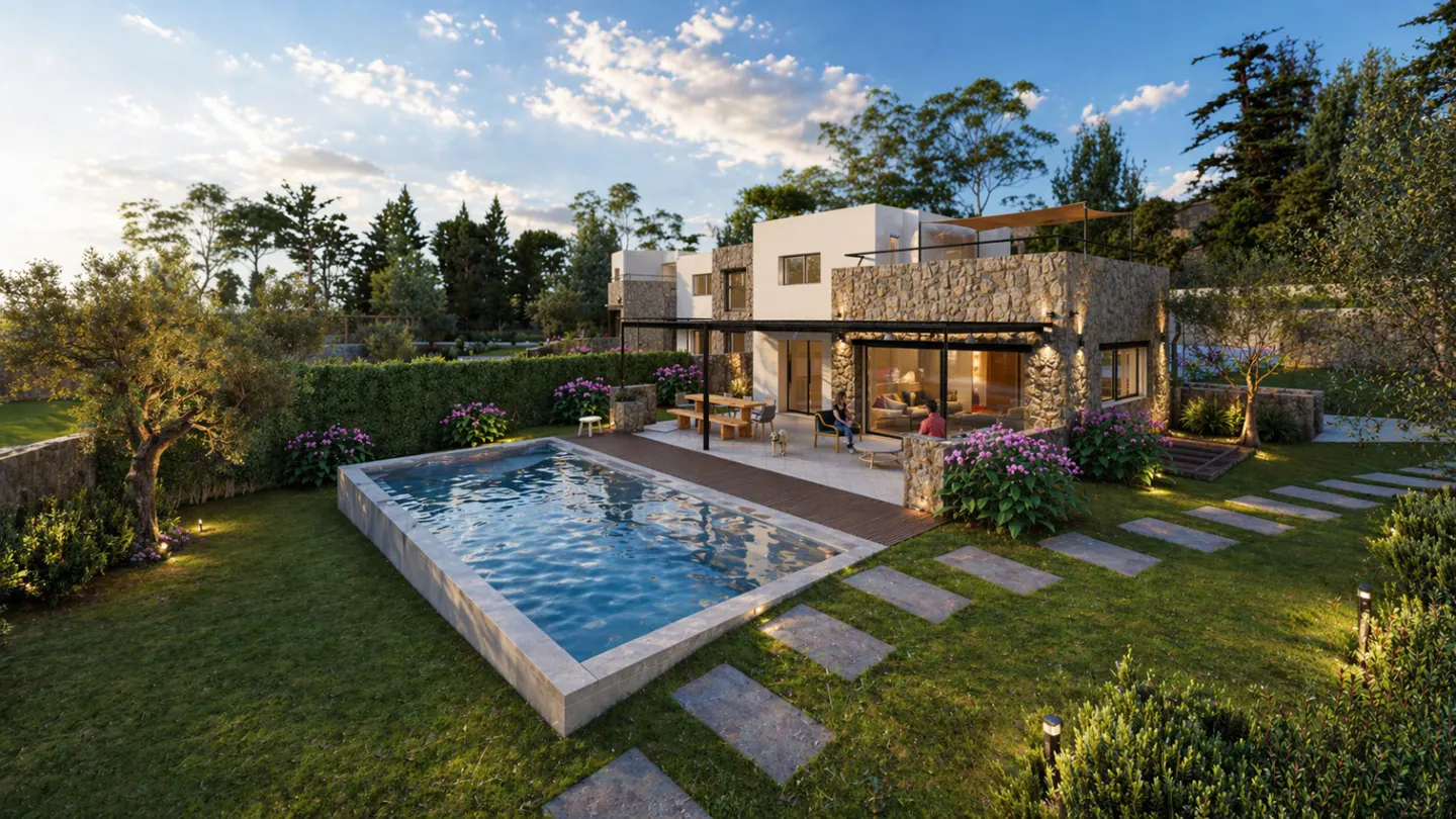 Backyard view of a modern stone house with a pool, patio, and lush green lawn under a blue sky.