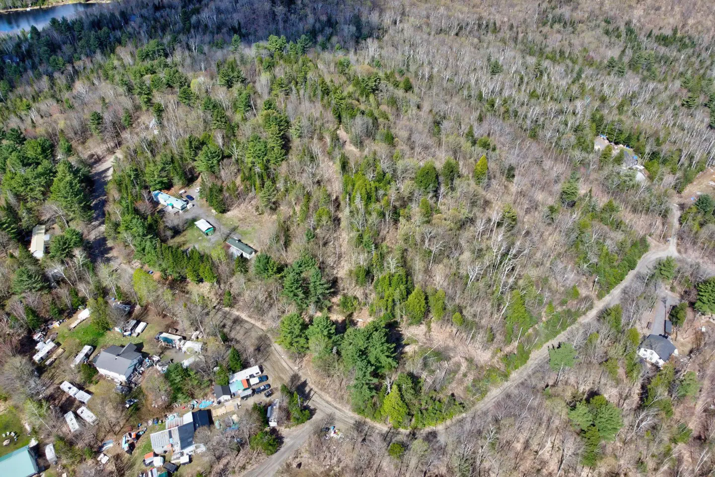 Aerial view of a wooded area with scattered houses and a lake in the background. The trees are a mix of green and bare branches.