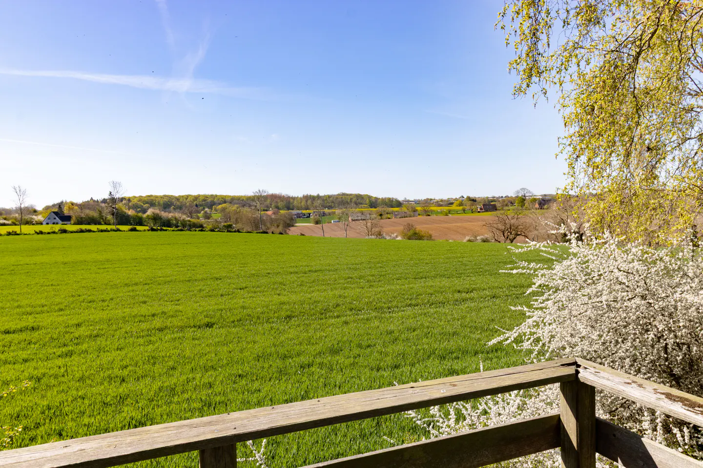 View from a wooden balcony overlooking a green field and distant trees under a blue sky.