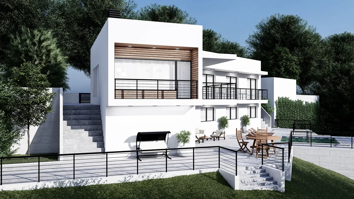 Modern white house with black railings, surrounded by trees. Patio with furniture and a small pool are visible.