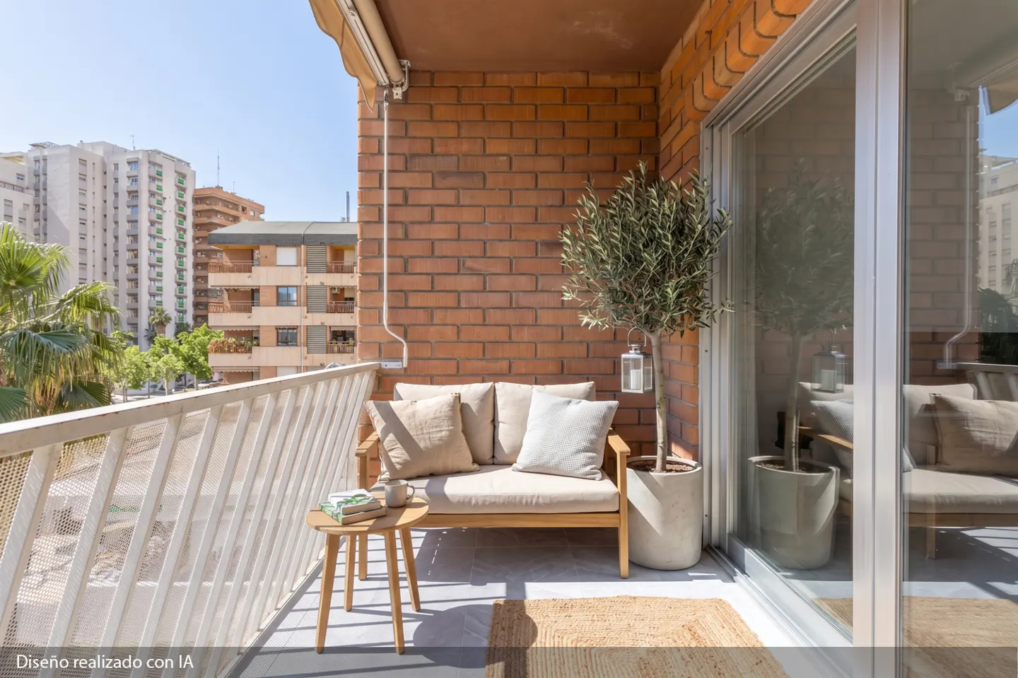 Cozy balcony with brick wall, white railing, and city view. Features a small couch, table, potted olive tree, and jute rug.