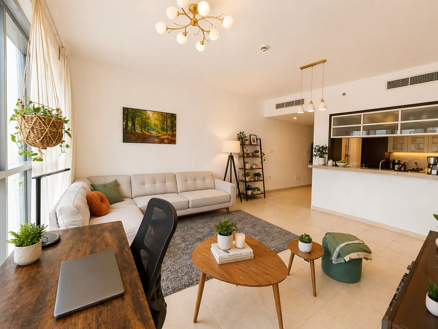 A bright living room with a beige sectional sofa, wooden coffee tables, and a desk with a laptop. A hanging plant is near the window.