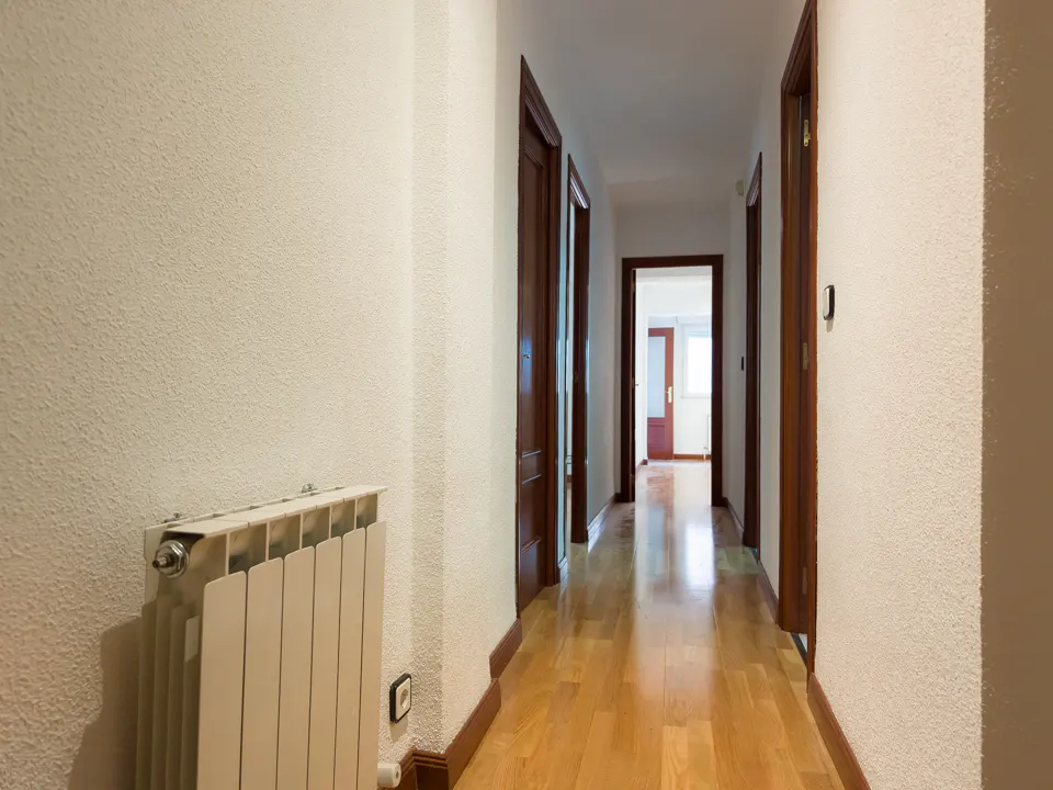 Hallway with light wood floors, white walls, and dark wood doors. A white radiator is on the left wall.