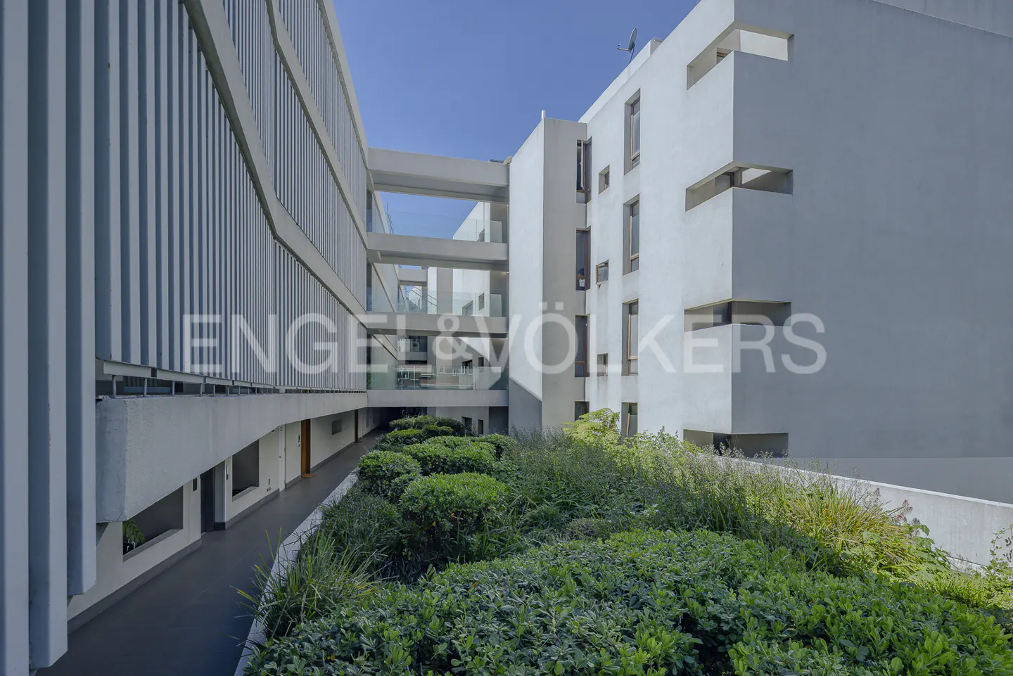 Exterior view of a modern white building with green landscaping and a blue sky.