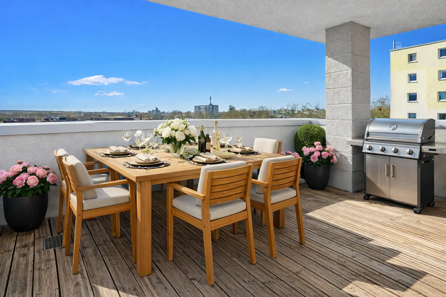 Outdoor patio with a wood table set for dining, chairs, flowers, and a stainless steel grill against a blue sky.