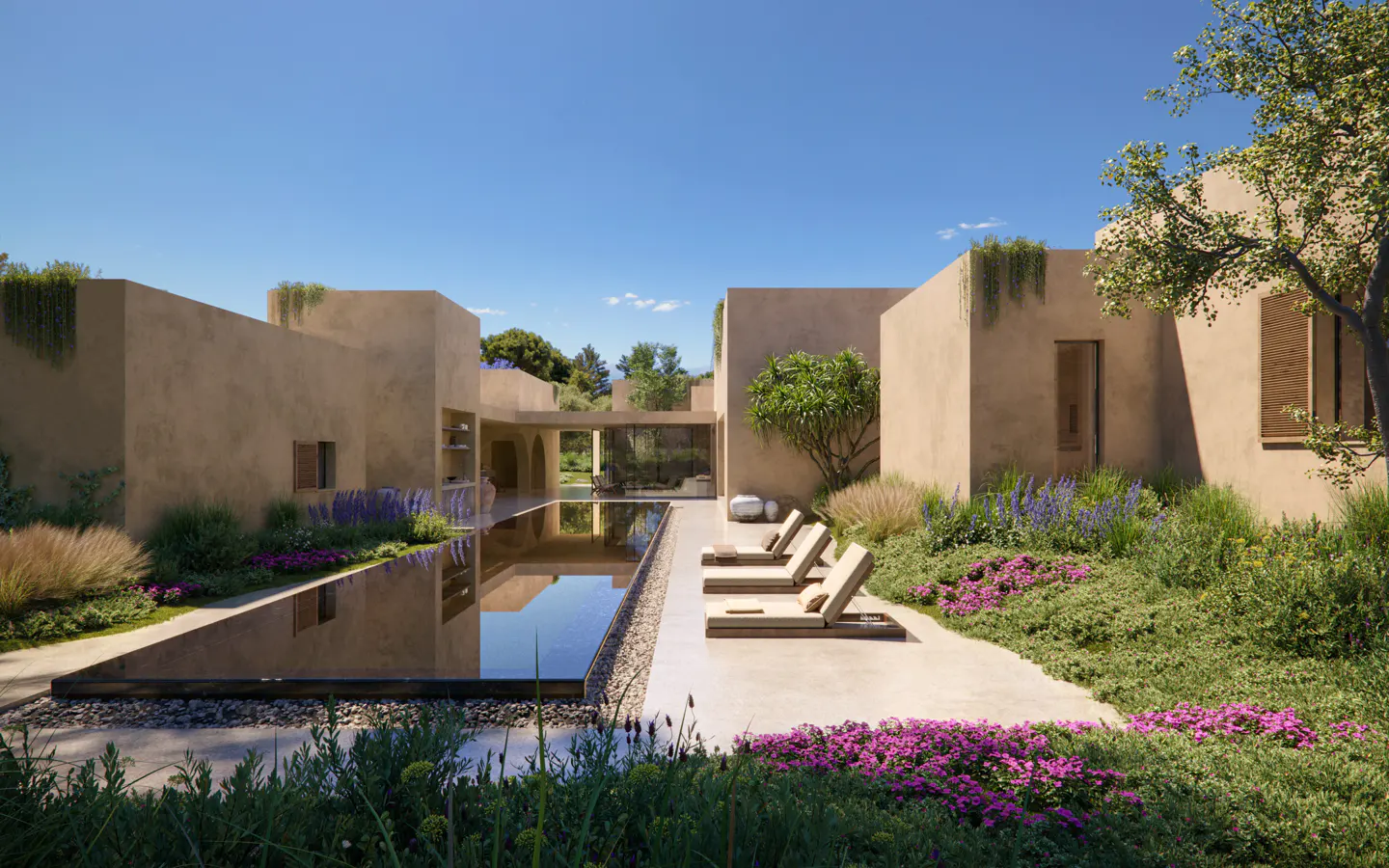 Modern home exterior with a long, narrow pool, lounge chairs, and lush landscaping under a clear blue sky.