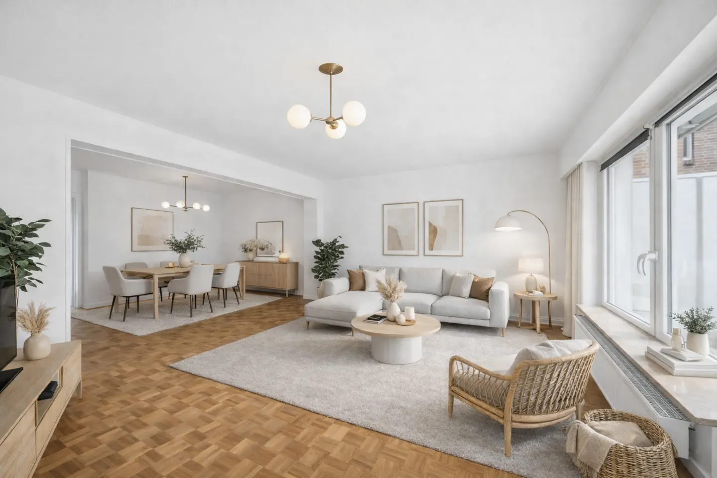 Bright, open-concept living and dining room with white walls, wood floors, and neutral furniture. A large window provides natural light.