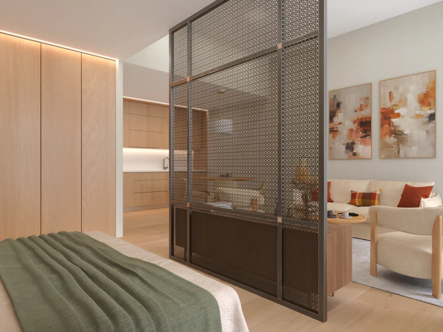A modern bedroom with a green bedspread, separated from a living area by a decorative dark metal lattice screen.