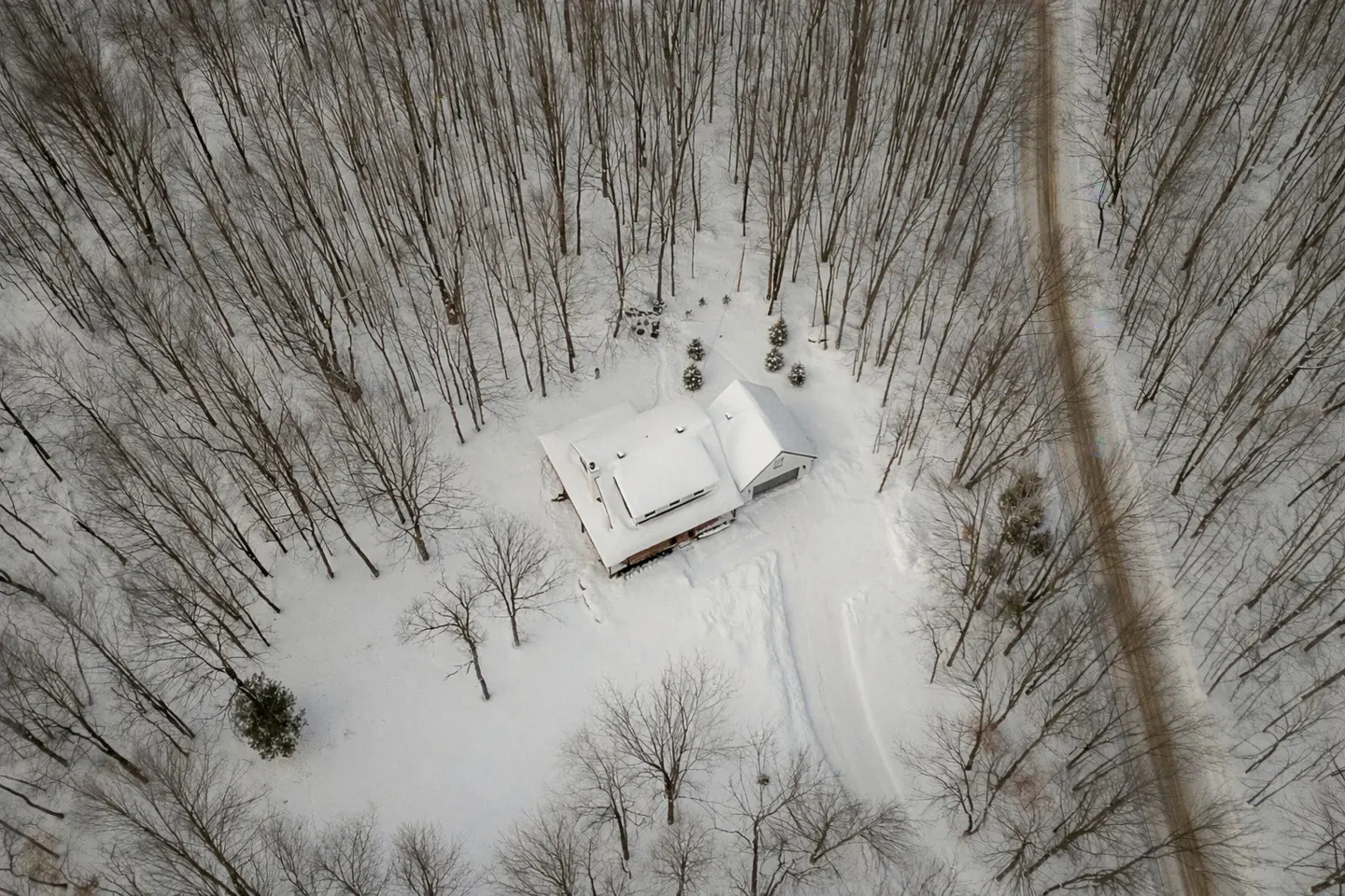 Aerial view of a snow-covered house surrounded by bare trees and a snow-covered ground. A dirt road is visible on the right.