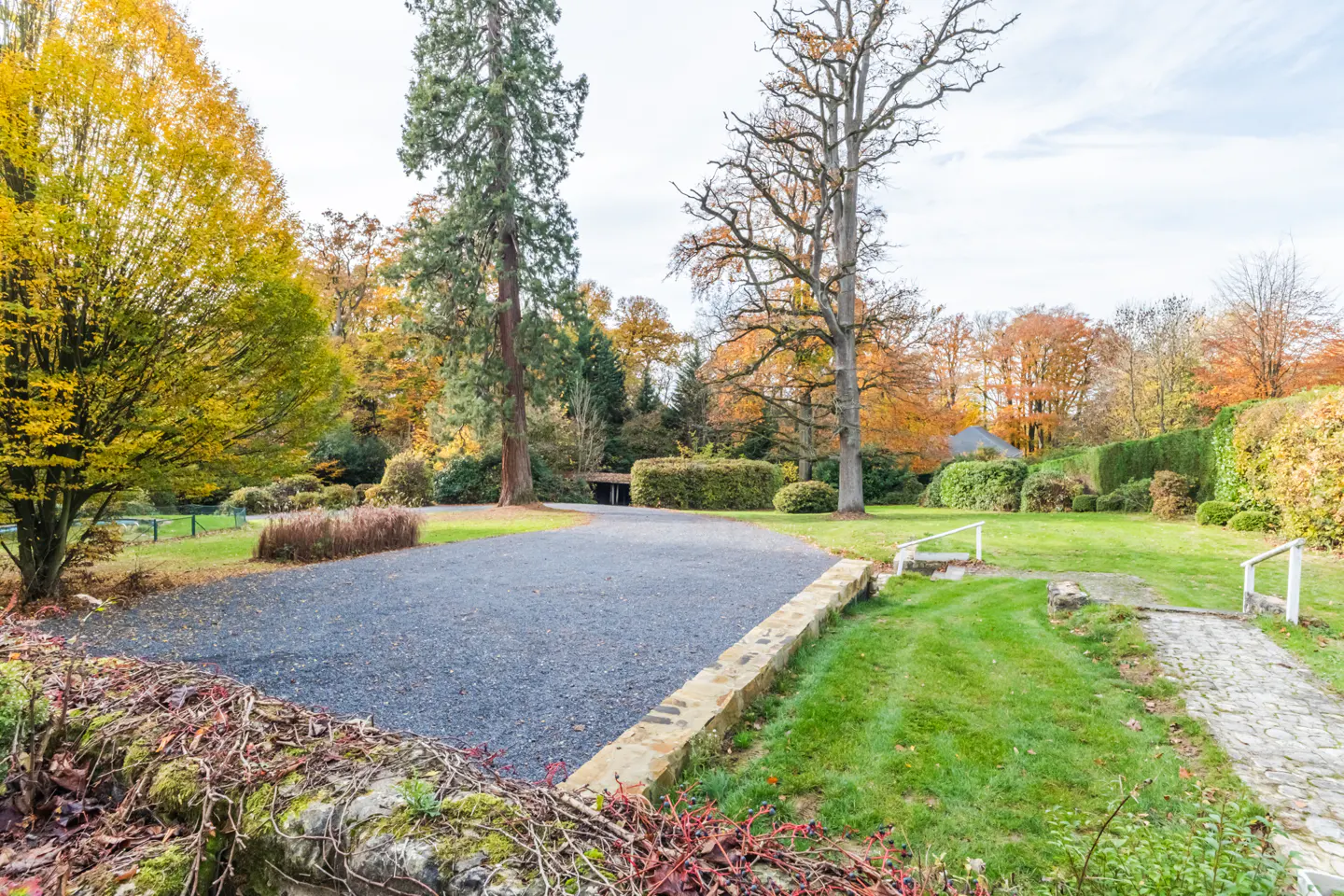 Gravel driveway leading to a house surrounded by trees with autumn foliage and green grass. Stone wall in the foreground.