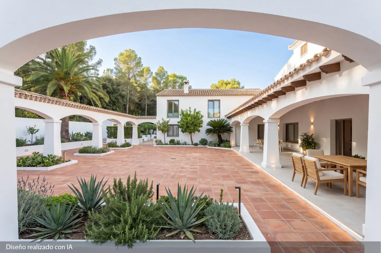 View of a white Spanish-style courtyard with terracotta tiles, arches, and lush greenery. A wooden table and chairs sit on the right.