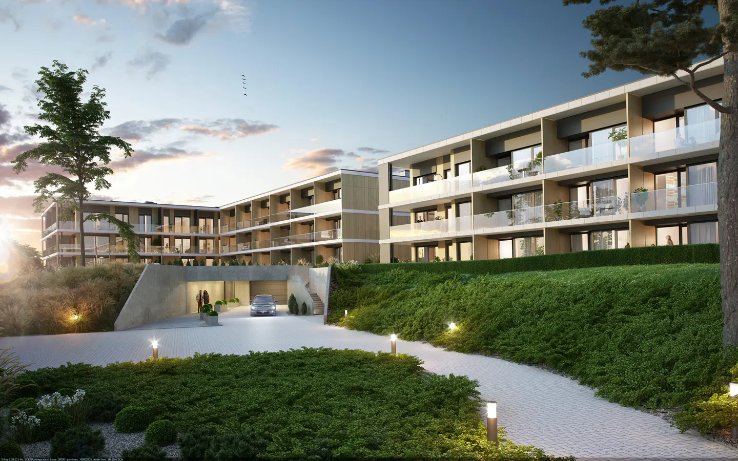 Modern apartment complex with balconies, underground parking entrance, and landscaped green grounds at sunset.